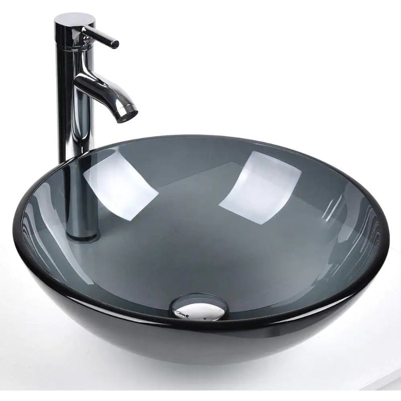 Photo 1 of Gray Glass Round Vessel Sink with Faucet Pop Up Drain Set