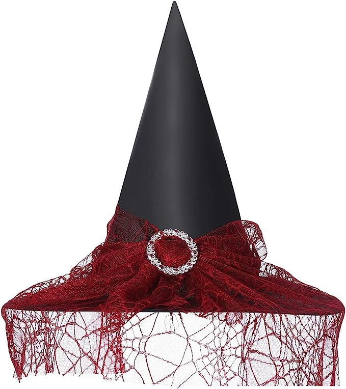 Photo 1 of Halloween Shiny Witch Hat for Women, Wicked Spiders Printed Lace Brim Cosplay Costume Carnival Party Decorations (2 PACK)