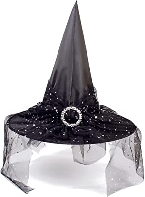 Photo 2 of Halloween Shiny Witch Hat for Women, Wicked Spiders Printed Lace Brim Cosplay Costume Carnival Party Decorations
