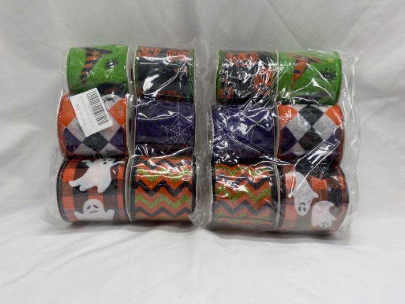 Photo 2 of Halloween Ribbon Wired 2.5 Inch, 6 Rolls 30 Yards Halloween Wired Ribbon,Pumpkin/Ghost/Spider Web/Glitter Stripe/Hat/Plaid Halloween Ribbon for Wreaths Bows Halloween Party Decor DIY Crafts 2 PACK
