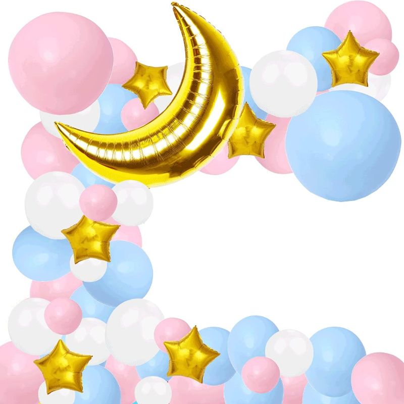 Photo 1 of Gender Reveal Party Decorations Pastel Pink and Blue Balloons Garland Arch Kit- 36''Gold Moon & 10“Stars Foil Balloons for Wedding Baby Shower Birthday Party Supplies (2 pcs)