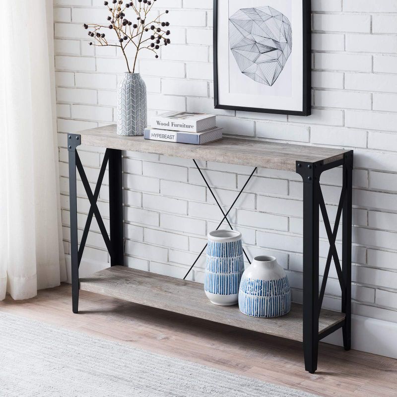 Photo 1 of OKD 46" Industrial Rustic Wood Metal Legs Console Table, Light Rustic Oak