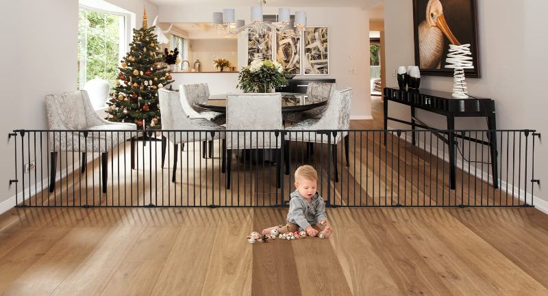Photo 1 of Baby Gate 35"-198" Extra-Wide Gate, Play Yard Child Safety Gate, Dog Playpen with Double Locking System for Fireplace, Kitchen, Foldable 8 Steel Panels, 29" Height (Black 35"-198" Extra-Wide)