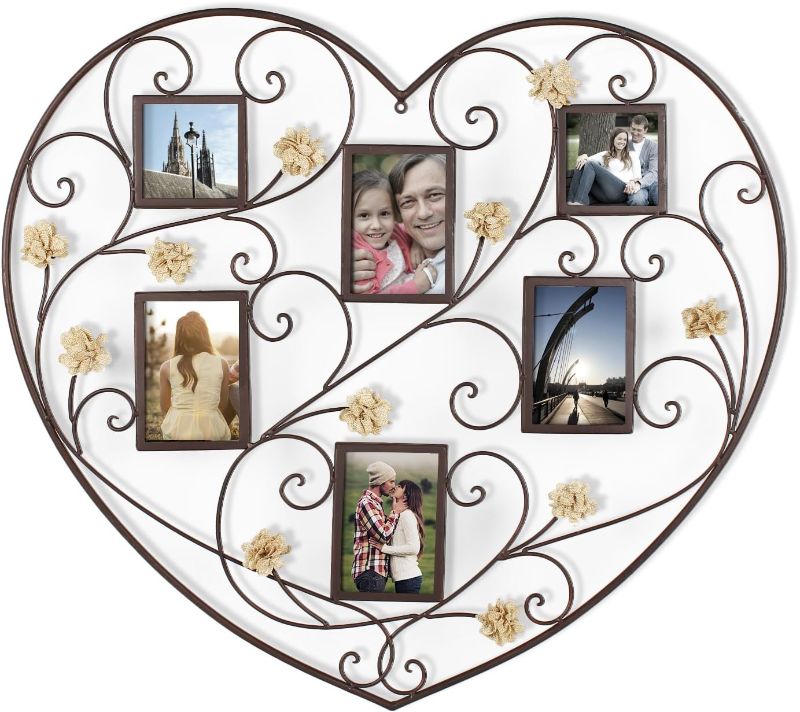 Photo 1 of Adeco PF0598 Decorative Black Iron Heart-Shape Picture Frame Collage with Scroll and Burlap Flower Design, 6 Openings, 4x6, 4x4