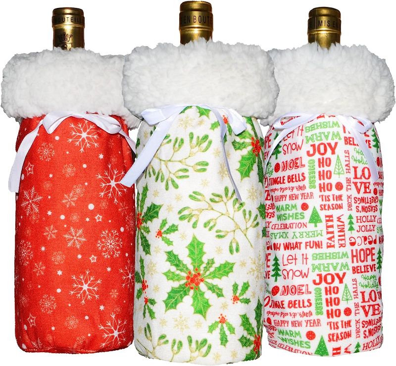 Photo 1 of Hahadidi Christmas Wine bags, Christmas Wine Bottle Covers with Drawstring Holiday gift Christmas Decorations Gift 3 Pack