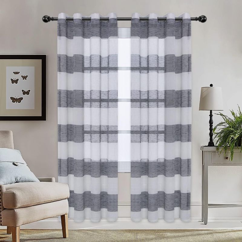 Photo 1 of LUSHLEAF Striped Sheer Curtains for Bedroom - Linen Look Color Block Semi Sheer Drapes, Light Filtering Grommet Textured Voile Curtains for Farmhouse and Living Room, 52 x 63, Grey, 2 Panels
