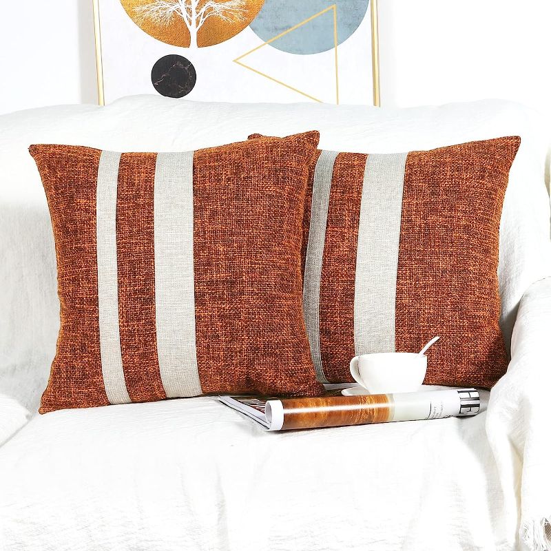 Photo 1 of howdy deco Pack of 2 Patchwork Pillow Covers 18x18 Inch, Orange and Brown Linen Square Cushion Case Faux Leather Farmhouse Decorative Pillow Cases for Couch Sofa Chair Bed Home Decor