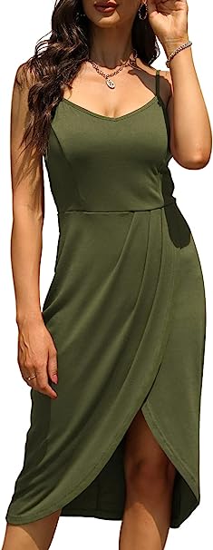 Photo 1 of NAVINS Womens Slim Fit Backless V Neck Hi-Lo Pleated Wrap Bodycon Cami Midi Dress NA1004 (S,Army Green)