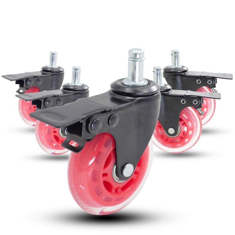 Photo 1 of Casoter 3" Office Chair Wheels w/Brake Replacement 5 of Pack, Dual Lock Matel Brake Swivel Caster Set Move Safe for All Floors w/ 11mm Universal Fit Stem 440Lbs Load Capacity (Red w/Brake)