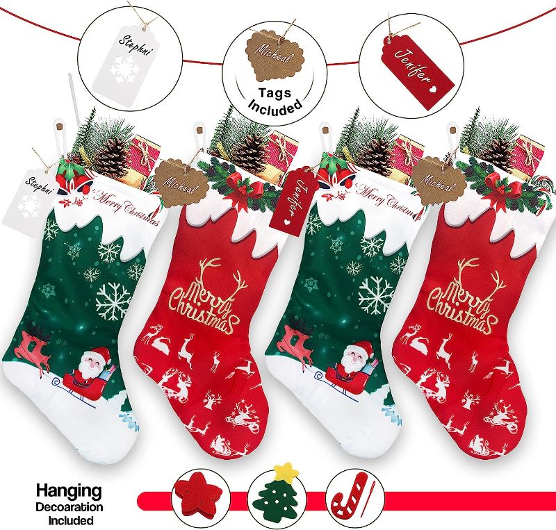 Photo 1 of RFAQK Personalized Christmas Stockings 4 Pack-18 Inches Large Xmas Stockings for Christmas Decorations, Printed Design with 50 Pcs Name Tags, Fireplace Hangings for Home Décor

