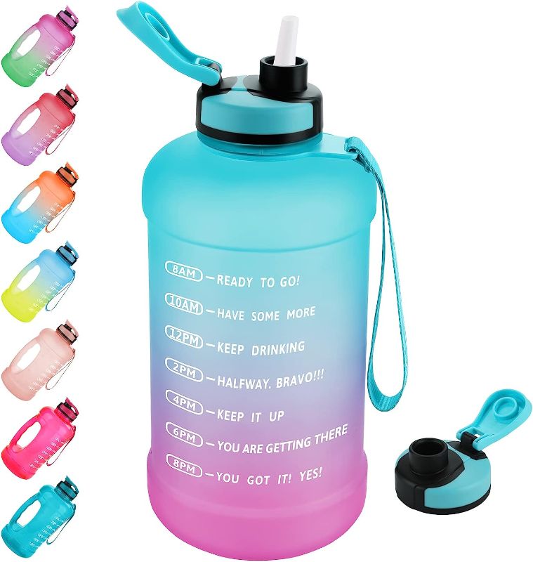 Photo 1 of PASER Half Gallon/64oz Water Bottle with Straw & Time Marker, Wide Mouth Leakproof BPA Free Sports Motivational Water Jug with Measurements to Ensure You Drink Enough Water (Included Straw Brush)