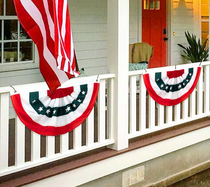 Photo 1 of QTDLXFA 2PCS American Flag Bunting 1.5x3 Ft , USA Patriotic Bunting Flags Pleated Fan Flags 4th of July Decordations Patriotic Decorations Outdoor for Memorial Day Veterans Day