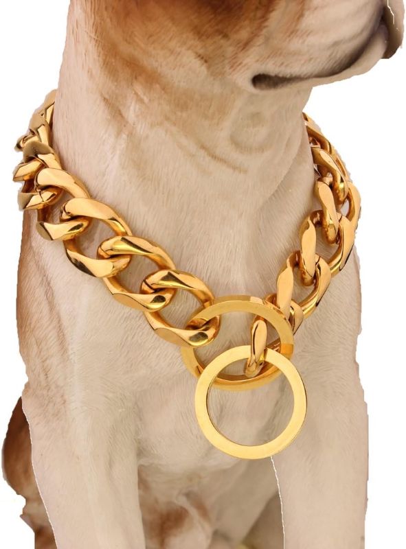 Photo 1 of FANS JEWELRY 10/12/15/17/19mm Fashion Stainless Steel Gold Plated Curb Dog Pet Chain Collars Necklace 12-36inch(20inches,19mm)
