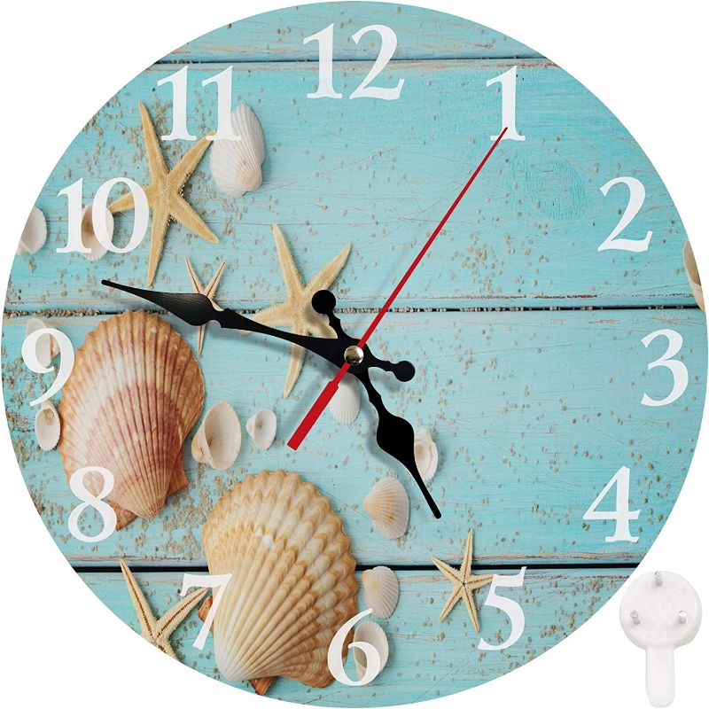 Photo 1 of Round Wall Clock Silent Non-Ticking Clock 12 Inch, Vintage Farmhouse Wall Decor for Living Room, Kitchen, Bedroom, or Office Summer Beach Seashell