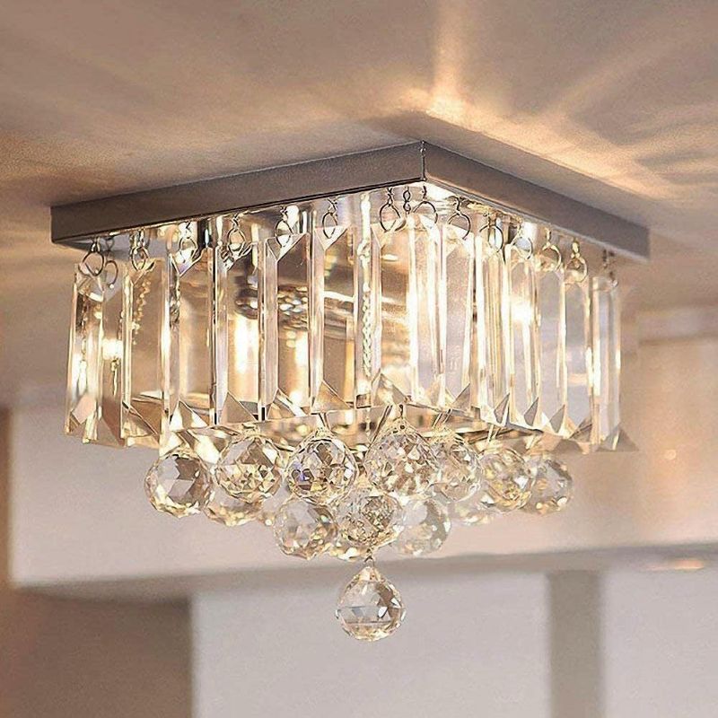 Photo 1 of Square Crystal Ceiling Light Mini Chandelier Flush Mount Lighting Fixture with Raindrop Ball Chrome Stainless Steel Frame for Hallway Kitchen W9.8''