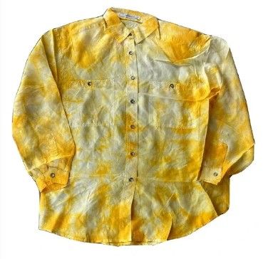 Photo 1 of Tie Dye Orange Yellow Long Sleeve Button Up Shirt Sz Sm 100% Silk Shoulder Pads