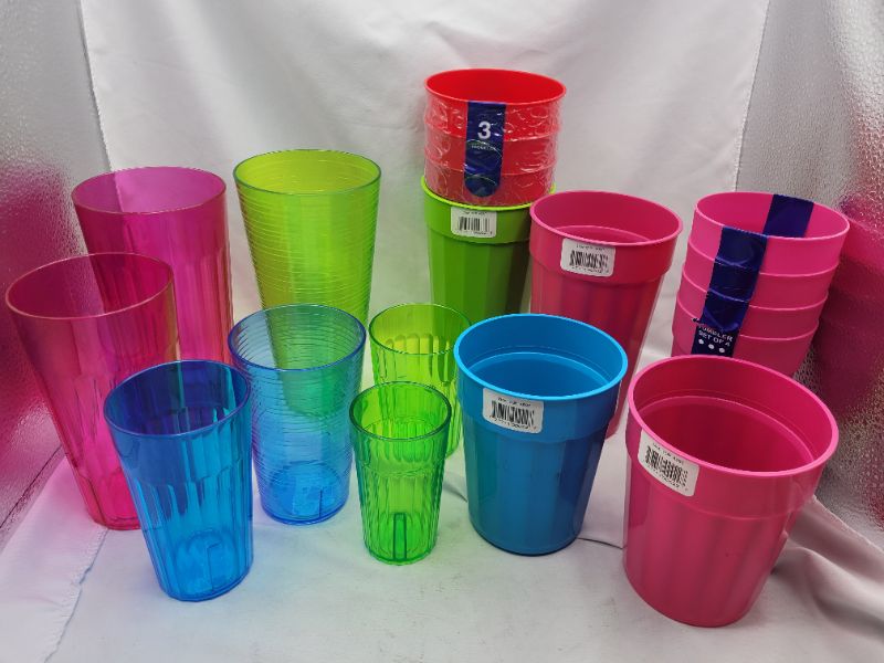 Photo 1 of 18 Count Assorted Colors Plastic Tumblers - Various Sizes/Colors/Design - SOLD AS IS