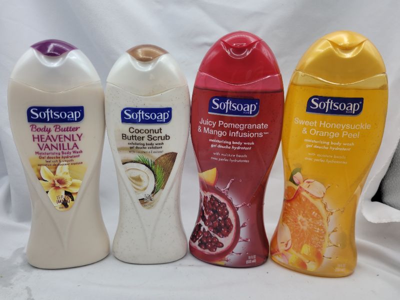 Photo 1 of 4 pack Softsoap Moisturizing Body Wash: 1 Each-  Pomegranate and Mango - 18oz, Body Butter Coconut Scrub, Body Buff Wash, 15oz, Heavenly Vanilla Scent with Body Butter 15oz, Sweet Honeysuckle and Orange 18oz