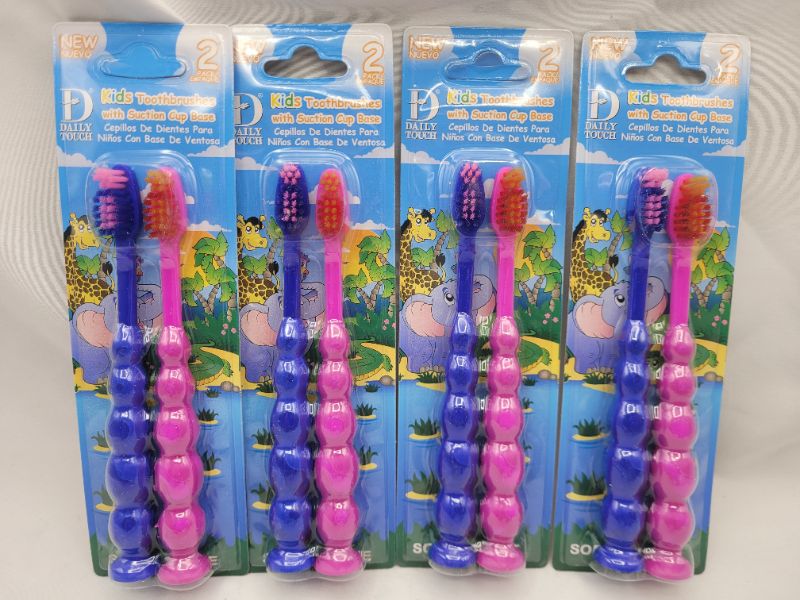 Photo 1 of (4pack) DailyTouch Kids Toothbrush 2 Pack - Soft Contoured Bristles - Child Sized Brush Heads (3-10 Year Old) - Suction Cup For Fun & Easy Storage - Girl & Boy Set