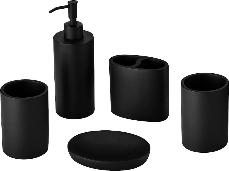 Photo 1 of Black Resin Bathroom Accessories Set in Black,Bathroom Counter Accessories Set with Soap Dispenser, Toothbrush Holder,2 Tumbler Cup, Soap Dish.Complete Accessory Set