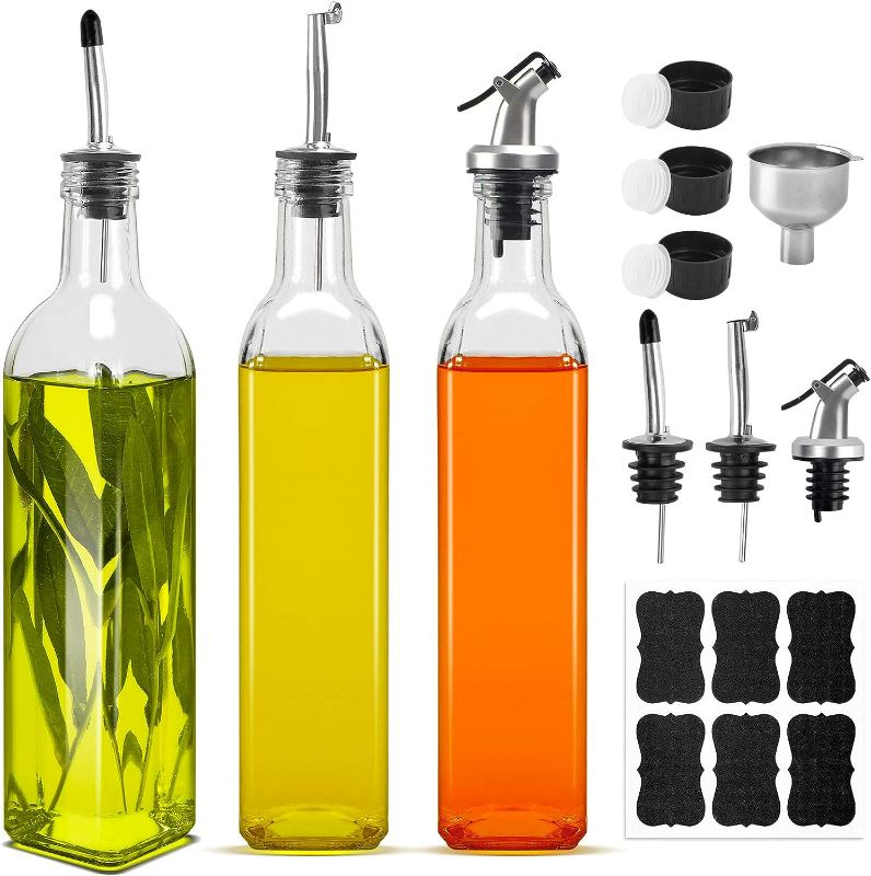 Photo 1 of BAKHUK Glass Oil Dispenser Bottles for Kitchen, 17oz Olive Oil Bottle with Stainless Steel Funnel and Pour Spouts, Olive Oil Dispensing Vinegar Cruet Set, 3 Pack