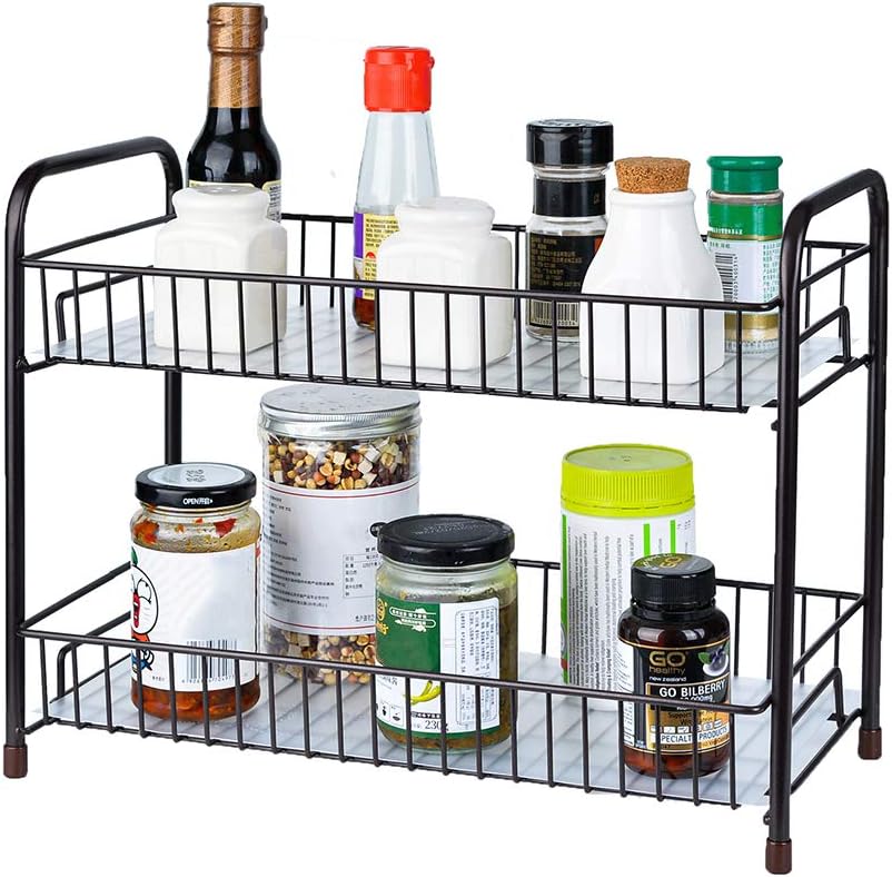 Photo 1 of Spice Rack Organizer for Countertop, 2-Tier Metal Spice Organizer Standing Rack Shelf Storage Holder with Shelf Liner for Kitchen Cabinet Pantry Bathroom Office, Black