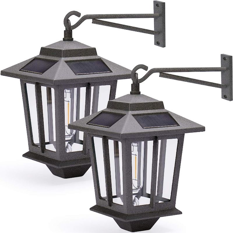 Photo 1 of PASAMIC 2 Pack 4 Solar Panels Dusk to Dawn Led Outdoor Wall Sconce, Anti-Rust Waterproof Wall Lanterns, 3000K Warm White, Grey Powder Coat + UV Protection, for Wall, Garage, Front Porch and More