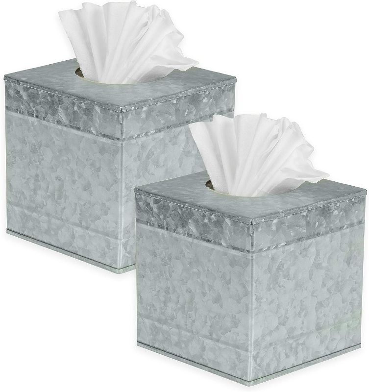 Photo 1 of Ilyapa Tissue Box Cover Square, 2 Pack - Rustic Galvanized Metal Tissue Box Holders