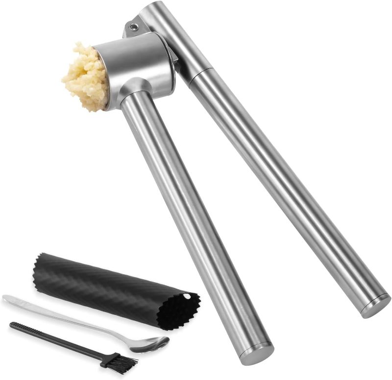 Photo 1 of Mempedont Garlic Press Mincer - 304 Stainless Steel Garlic Crusher & Peeler Set, Longer, Detachable, Rust Proof Garlic Mincer Design for Extracts More Garlic Paste Per Clove - Extended Version