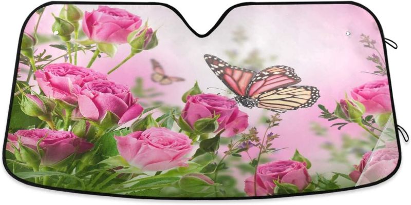 Photo 1 of Butterfly Roses Car Windshield Sun Shade Pink Floral Flower Foldable UV Ray Sun Visor Protector Sunshade to Keep Your Vehicle Cool