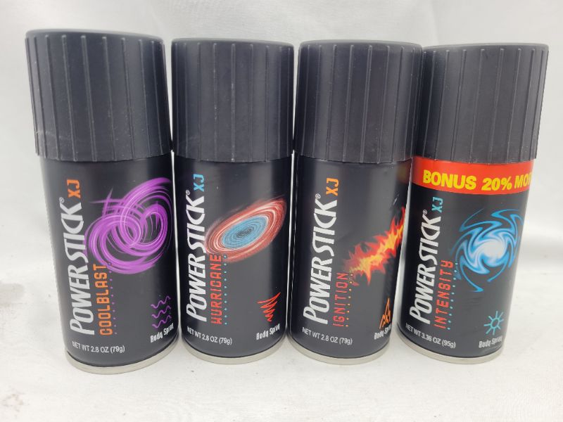 Photo 2 of 4 pack Power Stick Intensity, CoolBlast, Hurricane, Ignite Deodorant Body Spray for Men, 2.8/3.36 Ounce