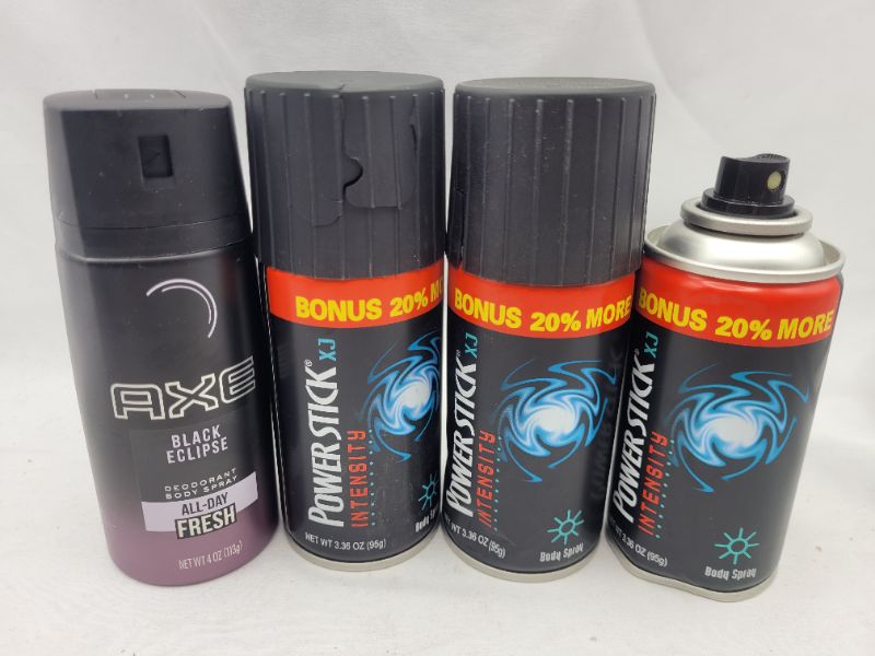 Photo 3 of 4 Count Body Spray: 1 can Axe Black Eclipse Deodorant Body Spray for Men, All-day Fresh, 4 Ounce, 3 cans Power Stick Intensity Deodorant Body Spray for Men, 3.36 Ounce
