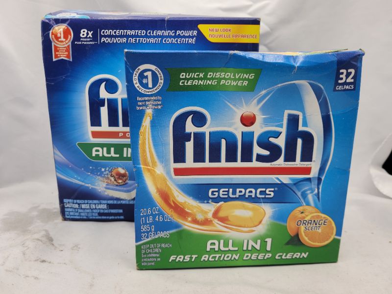 Photo 1 of FINISH All in 1 Powerball Dishwasher Tabs, Fresh Scent, Box of 60 Tabs AND FINISH Dish Detergent Gelpacs Orange Scent Box Of 32 Gelpacs 