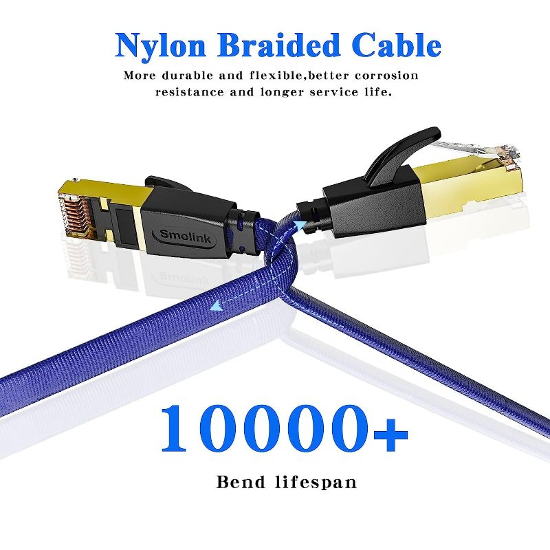 Photo 3 of *USED* Smolink Cat 8 Ethernet Cable 100Ft, Nylon Braided High Speed Flat Internet Network LAN Patch Cord, 40Gbps 2000Mhz S/FTP RJ45 Cable for Gaming, Xbox, Modem, Router, PC, PS4/PS5, Indoor&Outdoor, Blue