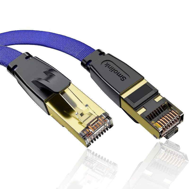 Photo 1 of Smolink Cat 8 Ethernet Cable 100Ft, Nylon Braided High Speed Flat Internet Network LAN Patch Cord, 40Gbps 2000Mhz S/FTP RJ45 Cable for Gaming, Xbox, Modem, Router, PC, PS4/PS5, Indoor&Outdoor, Blue