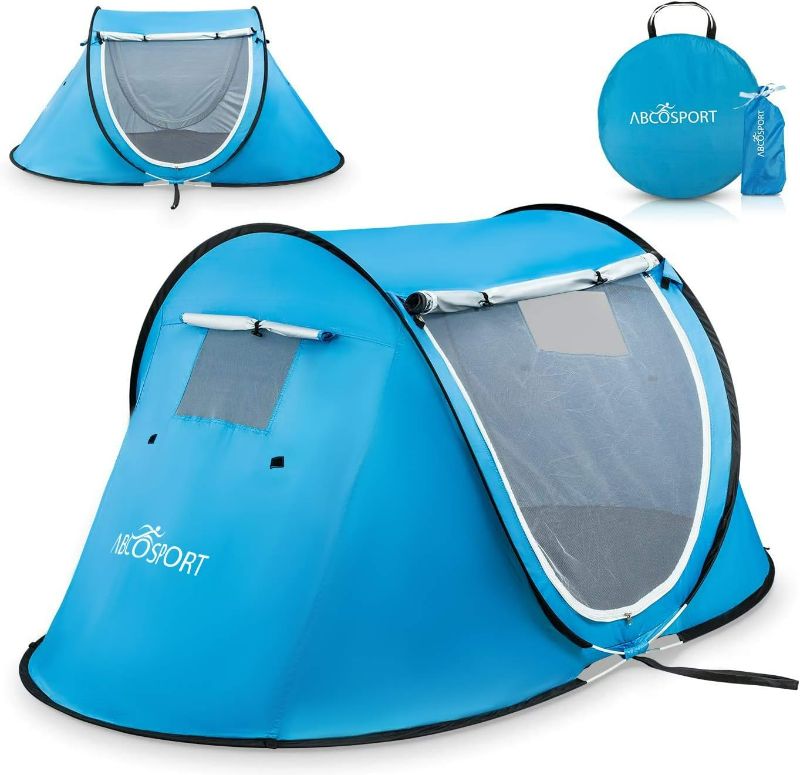 Photo 1 of Abco Pop-Up Tent and Automatic Instant Portable Cabana Beach, Pop Up Tents for Camping, Small Tent - For 2 People - 2 Doors - Water-Resistant, UV Protection Sun Shelter (Sky Blue)