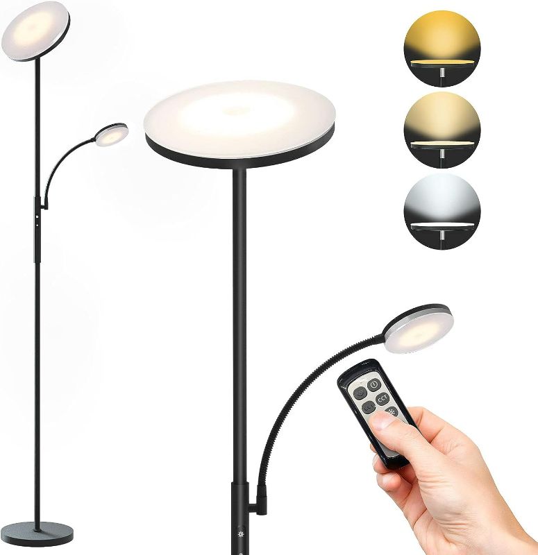 Photo 1 of Floor Lamp, ZSCOO Modern LED Floor Lamps for Living Room, Bedroom, Office, 27W Main Light and 7W Side Reading Lamp, 3 Color Temperatures Torchiere with Remote & Touch Control (Black)