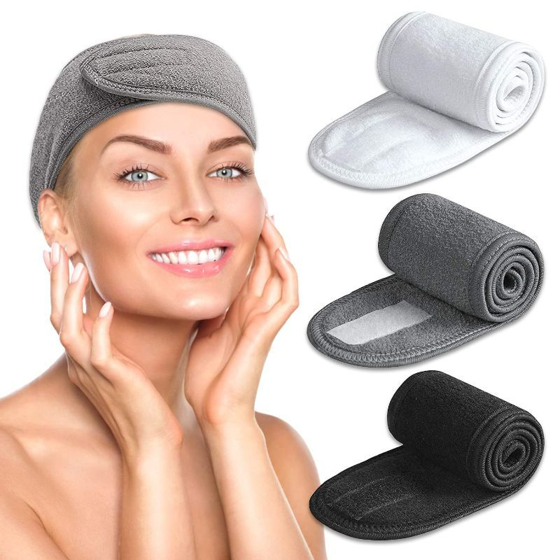 Photo 1 of 6 Pack Spa Facial Headband Adjustable Face Wash Headband Terry Cloth Stretch Hair Wrap with Magic Tape for Washing Face Mask Sport Yoga Shower - 2 count (White, Black, Gray)