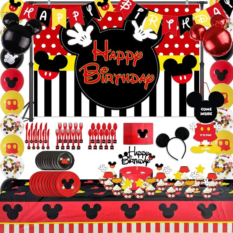 Photo 1 of 123pcs Mickey Birthday Party Supplies Decorations, Mickey Happy Birthday Backdrop, Tablecloth Knives Forks Spoons Napkins Plates Flatware, Mouse Banner Cake Topper for Boys 1st 2nd 3rd 4th 5th Bday