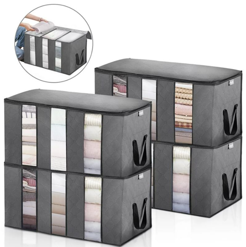 Photo 1 of BLACK Clothes Storage Bags, 4PCS Closet Organizers and Storage Bags with Reinforced Handle for Clothing, Comforters, Blankets, Bedding, with 3 Adjustable Sections