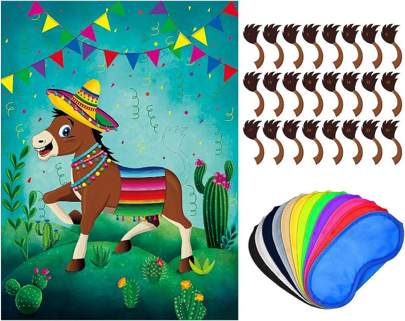 Photo 1 of Pin The Tail On The Donkey Party Game, Mexican Donkey Game Poster Come Extra with Donkey Tail and Eye Masks for Donkey Party Favors, Kids Birthday Party, Fiesta Party
