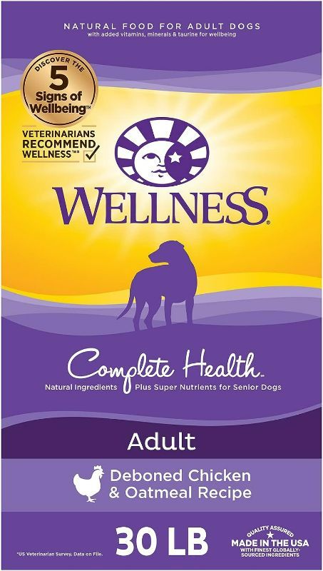Photo 1 of Wellness Complete Health Dry Dog Food with Grains, Made in USA with Real Meat & Natural Ingredients, All Breeds, Adult Dogs (Chicken & Oatmeal, 30-lb) – With Nutrients for Immune, Skin, & Coat Support