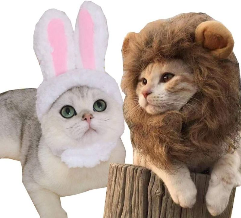 Photo 1 of 2 Pack Lion Mane Wig Costume for Cat Costume Bunny Rabbit Hat Headwear with Ears Pet Cosplay Dress up Halloween Party Costume Accessories for Cats & Small Dogs