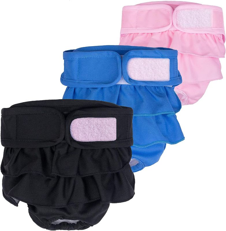 Photo 1 of Washable Female Dog Diapers, Premium Doggie Diapers and Puppies Dogs Heat Panties for Girl Dogs Periods Reusable, Dog Princess Dress (Large Size (Pack of 3), Black Blue Pink)