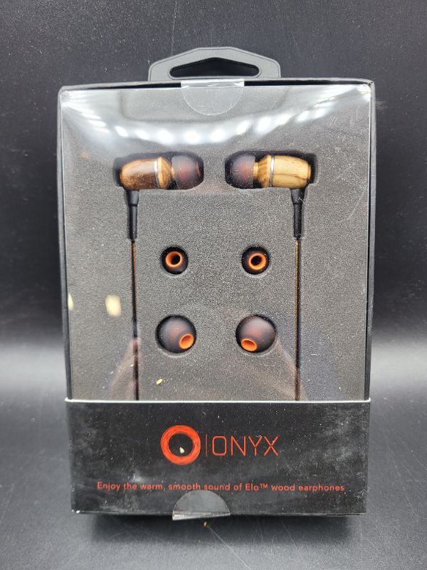 Photo 2 of Onyx Genuine Wood Wired in-Ear Headphones with Sound Isolation and Built-in Microphone (Zebra Wood - Orange)