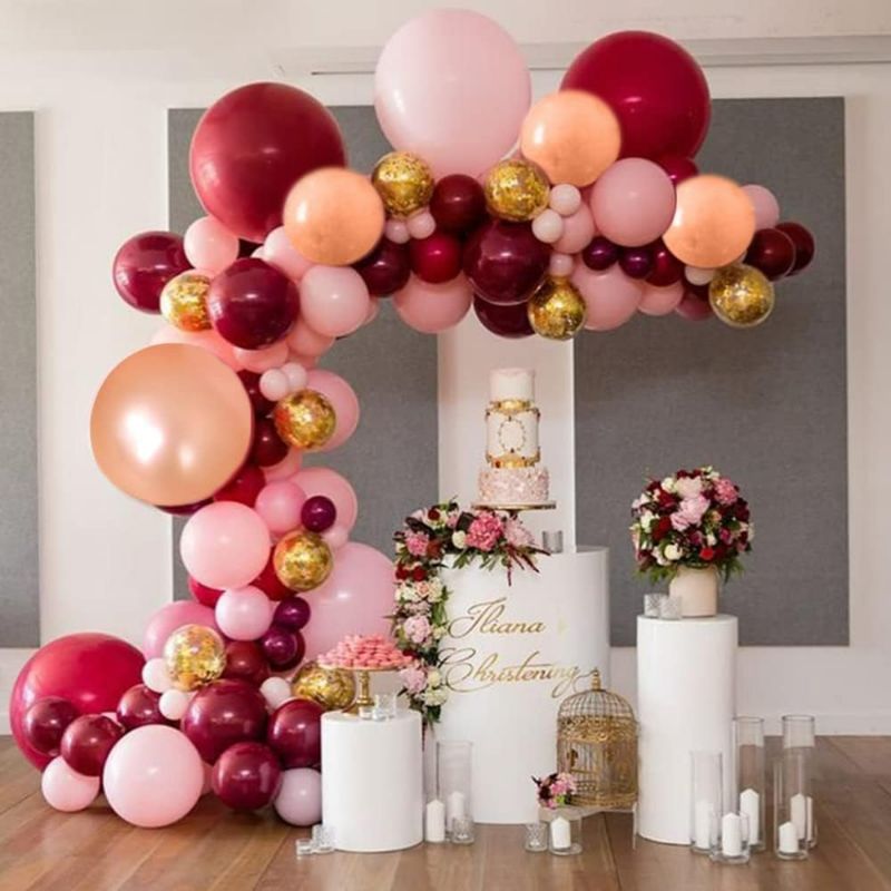 Photo 1 of 118Pcs Wine Red Pink and Gold Balloons Garland Kit - Wine Red Pink Balloons and Gold Confetti Balloons for Birthday Baby Shower Wedding Party Decoration