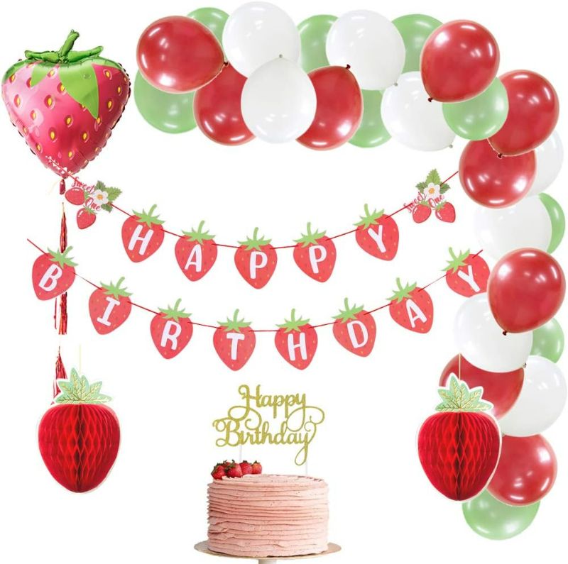 Photo 1 of SUNBEAUTY Strawberry Party Decorations Balloon Garland Kit Strawberry Foil Balloon for Strawberry Themed Baby Shower Girls 1st 2nd Birthday Party Supplies