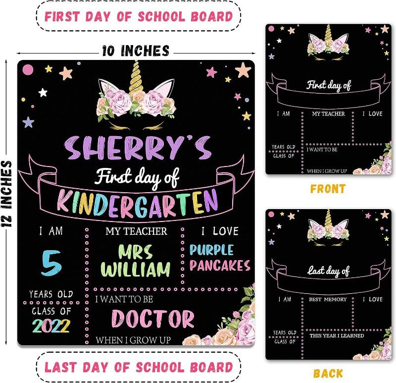 Photo 2 of First & Last Day of School Board, 10"x12" Unicorn Double Sided Back to School Sign for Kids Girls Boys, My 1st Day of School Chalkboard Sign Photo Prop, Wooden 1st Day Boards of Preschool Kindergarten