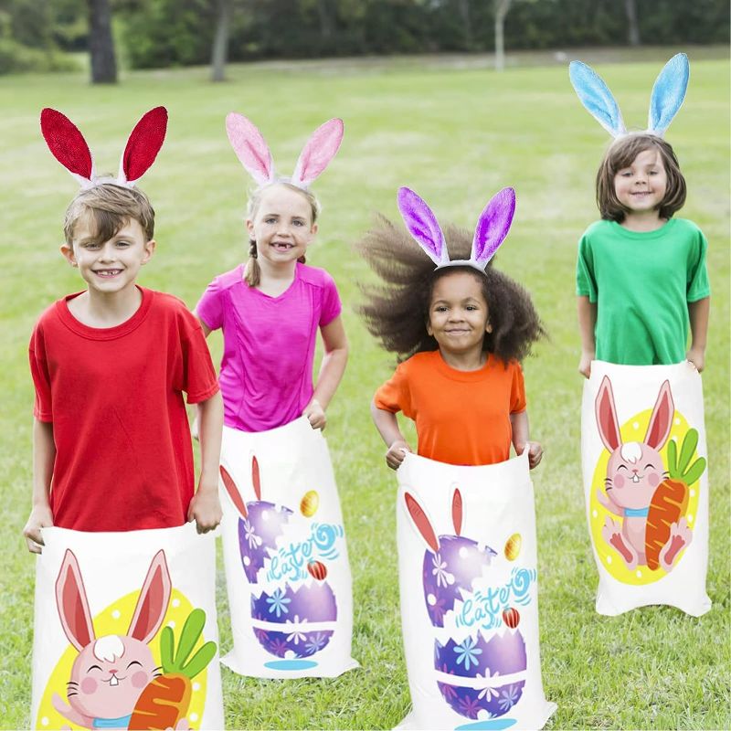 Photo 1 of SICHUANG (8 Pack) Easter Potato Sack Race Bags Bunny Ears headban, Easter Party Games for Kids and Outdoor Sack Race Bag fit Kids Adults Boys Girls
