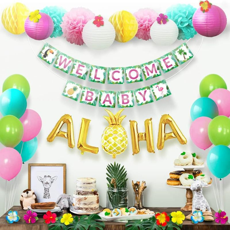 Photo 1 of Sweet Baby Co. Tropical Baby Shower Decorations with Balloon, Flowers, ALOHA Balloons, Jungle Banner, Safari Green Leaves, Lanterns, Pom Poms for Birthday Party, Gender Neutral Theme, Arch Garland Kit